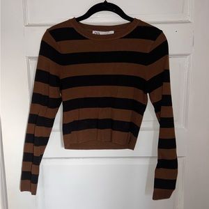 Zara knit black and brown striped long sleeve crop